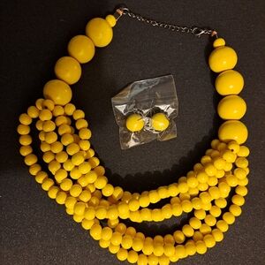 Yellow Gourd-Style Handmade Beaded  Multi-Layer Wooden Necklace and Earrings Set